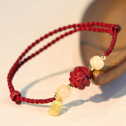 Natural Cinnabar Chinese Zodiac Hetian Jade Fu Character Luck Rope Bracelet